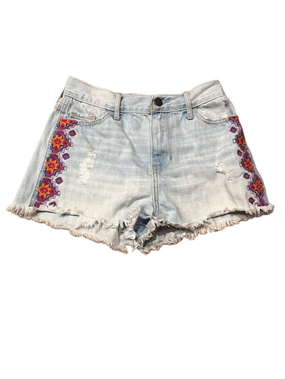 Hollister Jean Shorts Aztec Embroidered Denim Light Wash Raw Hem Womens 0 /24